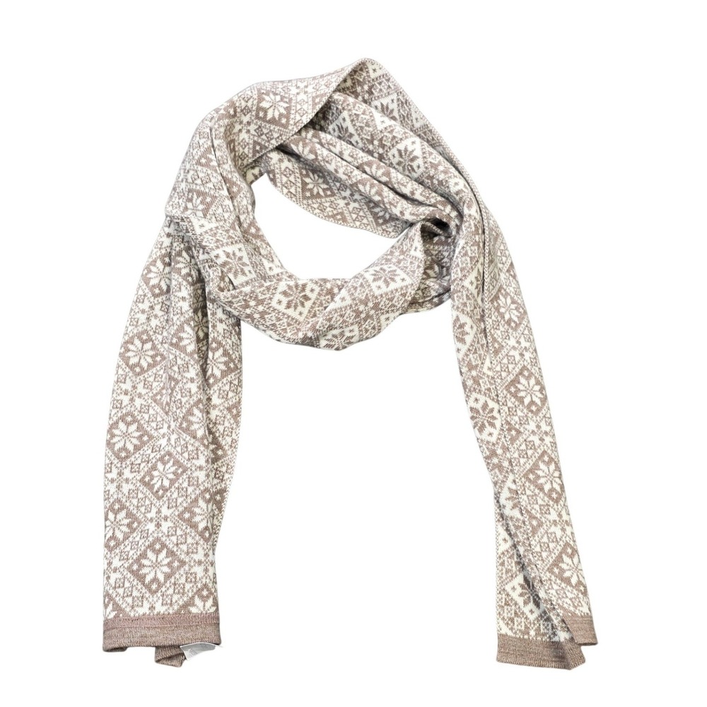 Natural Style Merino Wool Knit Scarf Women's Brown Cream Nordic Snowflake NWT